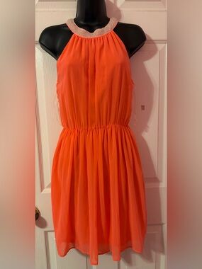 Beaded Halter Coral Chiffon Dress